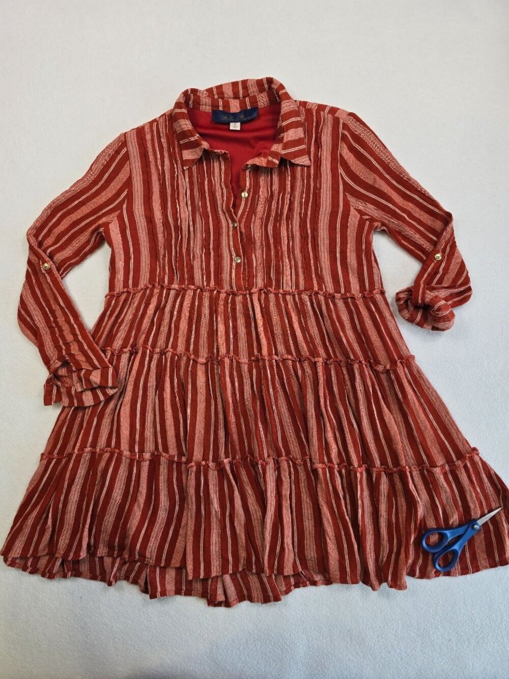 Blue Rain Small Striped Burnt Orange Tiered Peasant Dress Boho